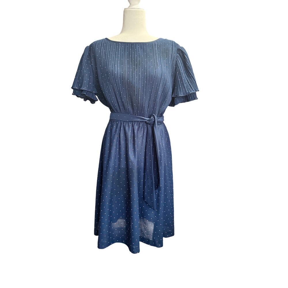 VINTAGE JENNY PETITES Navy Blue with Pink Polka Dots Dress in Sz 8-10